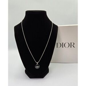 Christian Dior CD Logo Charm Necklace Silver Tone Black‎ Enamel